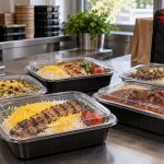 ظروف غذای درب‌دار بدون نشتی روی میز بسته‌بندی رستوران